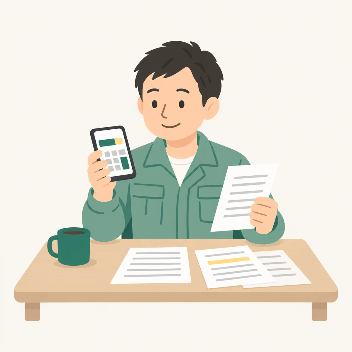 請求書を手に持ち、スマートフォンの計算の画面と見比べている経営者のイラスト
